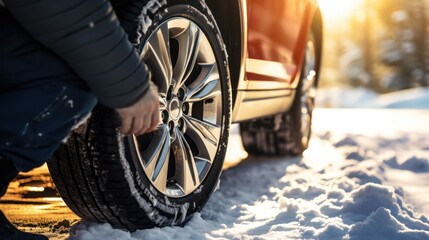 A man is changing the wheel of a car in a snowy and sunny winter. The background is a pine forest covered with snow, warm sunlight. - obrazy, fototapety, plakaty