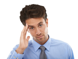 Businessman, portrait as headache pain or stress work burnout, tired professional or isolated on...