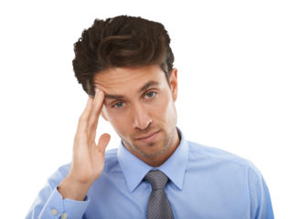 Businessman, portrait as headache pain or stress work burnout, tired professional or isolated on transparent png background. Male person, face or temple unhappy as fatigue, office deadline or problem