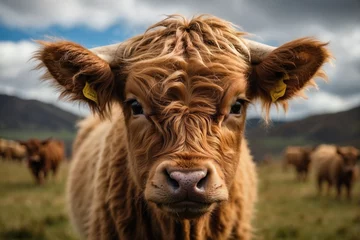 Foto op Canvas A charming and adorable baby highland cow, autumn color mood, a charming highland cow calf, close up of a calf © ArtistiKa