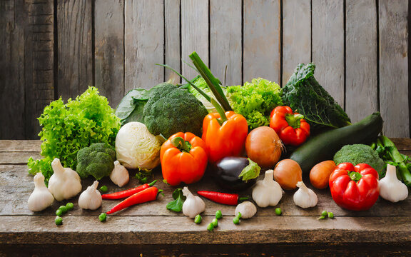 Various vegetables on a rustic wooden table