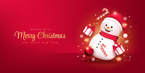 Fototapeta na wymiar Vector merry christmas and happy new year poster or banner with cute Snow Man, gift box and element