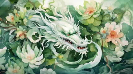 A Watercolor painting for Happy Chinese New Year Powerful green dragon Scary and awe-inspiring. Chinese Watercolor painting art. Chinese New Year concept. New Year greeting card background. - obrazy, fototapety, plakaty