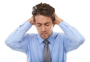 Business man, frustrated and headache for stress, bankruptcy challenge or risk isolated on...