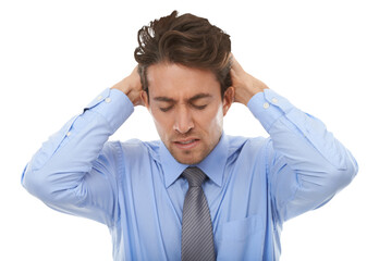 Business man, frustrated and headache for stress, bankruptcy challenge or risk isolated on transparent png background. Tired worker with anxiety, brain fog and fatigue from burnout, crisis or mistake