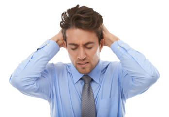 Business man, frustrated and headache for stress, bankruptcy challenge or risk isolated on transparent png background. Tired worker with anxiety, brain fog and fatigue from burnout, crisis or mistake