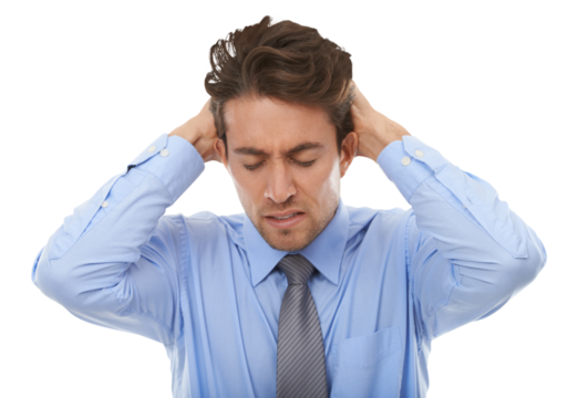 Business man, frustrated and headache for stress, bankruptcy challenge or risk isolated on transparent png background. Tired worker with anxiety, brain fog and fatigue from burnout, crisis or mistake - Powered by Adobe
