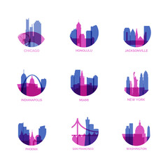 Naklejka premium USA cities logo and icon set. Vector graphic collection for US Chicago, Honolulu, Jacksonville, Indianapolis, Miami, New York, Phoenix, San Francisco, Washington