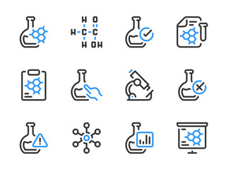 Chemistry and Science vector line icons. Laboratory equipment and Chemical research outline icon set.