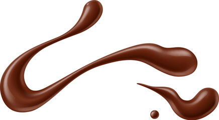 Realistic chocolate sauce or syrup splash, wave stain or swirl smear, isolated vector. Choco syrup or cocoa drink line blot or spill wave with drops and pour for chocolate candy or fudge dessert - obrazy, fototapety, plakaty