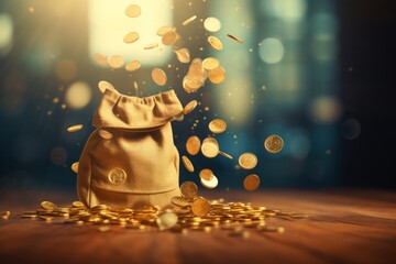 a textile or paper bag or pouch for coins: golden money pieces falling down from above into the handbag, flying and levitating in the air. A concept of abundance and luck - obrazy, fototapety, plakaty