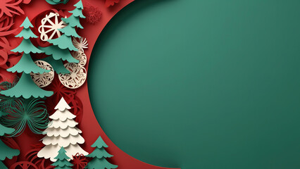 Paper cut Christmas decoration with decorative elements and copy space. Red and green colors. Generative ai.