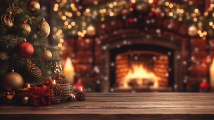 Christmas decoration on a tabletop with copy space and fireplace in the background, generative ai