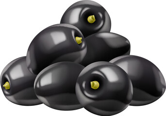 Realistic black olives pile. Isolated 3d vector towering heap of raw, plump, glossy black berries with seeds, exuding a rich aroma. Delectable Mediterranean delight, for gourmet dishes and salads
