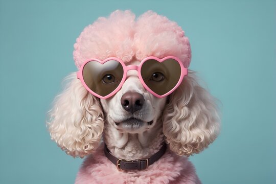 Poodle dog cartoon illustration with pink heart shape sunglasses on a blue pastel background, illustration, commercial advertisement, award winning pet magazine cover	