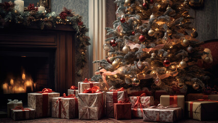 Christmas eve with Christmas tree, gift boxes and fireplace. Generative ai