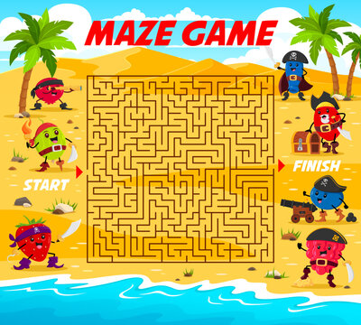 Kids labyrinth maze. Help to berry pirates and corsairs team find a friends. Labyrinth puzzle vector worksheet with cowberry, honeyberry, rosehip and strawberry, gooseberry, blueberry pirate personage