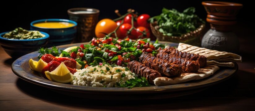 At the Arabic restaurant, a platter of delicious food was served at the party, with a mouthwatering spread of cake, lemon-infused meat, and street-style wheat plates, showcasing the diverse cuisine of