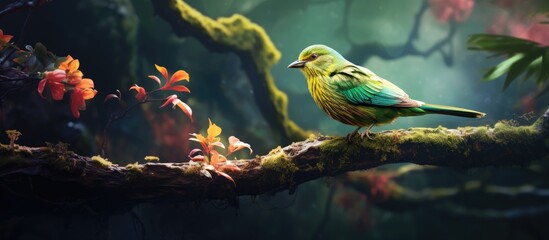 Fototapeta premium In a lush forest, amidst the vibrant green leaves of a majestic tree, a cute bird with colorful wings and a beak explored the beauty of nature, providing an enchanting portrait that captured the eye