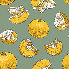 Seamless pattern with tangerine. Handmade drawing of tangerine fruits Orange tangerines on a colored background. Modern abstract design for paper, cover, fabric, interior decor. Citrus fruits