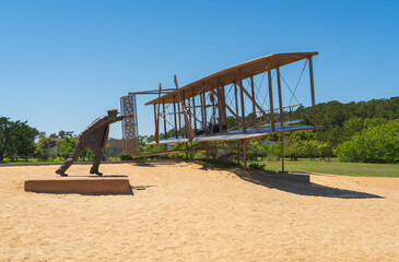 Statues and Monument to the First Flight at Wright Brothers National Memorial in North Carolina