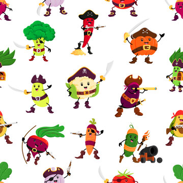 Cartoon vegetable pirates seamless pattern background, vector corsair characters. Funny broccoli captain and pumpkin in tricorne hat with Jolly Roger flag, Caribbean pirate spinach, carrot and avocado