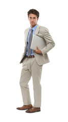 Isolated business man, holding laptop and portrait in suit, finance or accounting job by transparent png background. Financial advisor, bank or insurance employee with computer in investing agency