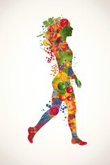 Illustration of diverse human figures with fruits and vegetables in the background