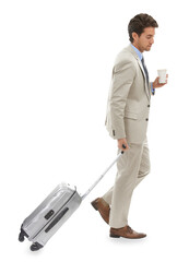Travel, businessman with suitcase and coffee isolated on transparent png background, walking or...