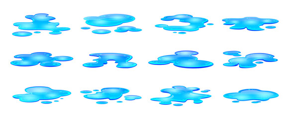 Rain water puddles, ephemeral, mirror-like pools on the ground, formed from rain or spilled liquids. Isolated cartoon vector set of wet blue blobs reflect surroundings and offer splashy fun moments