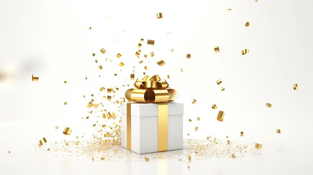 free photos white gift box decoration Happy New Year and Merry Christmas. with gold ribbon and gold sequin confetti on white background. Used for templates or backgrounds, banners.