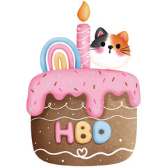 Watercolor birthday cake clipart.Birthday cake with strawberry cream and cute calico cat illustration.Party decorations.