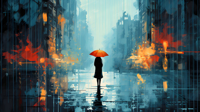 Abstract silhouette of girl walking on rain under umbrella, street scene, back view. Seasons, weather, city lifestyle. generative ai.