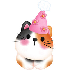Watercolor cute baby calico cat with party hat  illustration. Birthday animal party clipart..Nursery animal decorations.