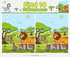 Find Differences game for kids with lion cartoon Savanna