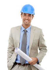 Man, portrait and blueprint for architecture, project management and construction, design and planning. Happy face of engineering expert in suit with floor plan isolated on transparent PNG background