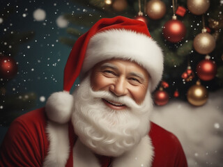 Retro Cheerful Santa, Santa Christmas Vintage Portrait, Bokeh Christmas Tree Lights