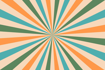 Retro carnival rays background, sunburst. Vector nostalgic vibrant pattern featuring colorful radiating beams. Kaleidoscope of hues that brings a burst of energy, capturing the essence of timeless joy