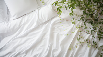 White bed linens isolated. from above a bedroom view