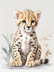 cheetah,. cute baby cheetah, white wall, watercolor, dustier soft pastel palette, nursery wall mural