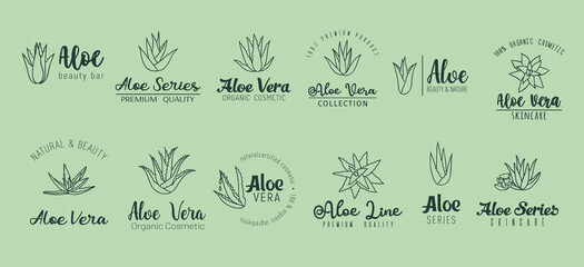 Aloe vera minimal labels, skin care extract and cosmetics. Vector set of sleek, minimalist emblems with lettering, embodying purity and natural beauty. The essence of Aloe, for radiant, healthy skin - obrazy, fototapety, plakaty