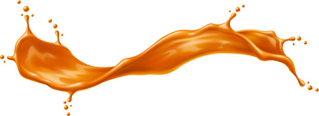 Caramel sauce wave splash or flow. Golden swirl with drops. Juice or toffee splatter. 3d vector drink, liquid sugar candy wavy splash with creamy texture. Isolated realistic motion with spray droplets