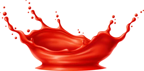 Zelfklevend Fotobehang Tomato red juice or ketchup sauce corona splash. Realistic 3d vector liquid catsup, fruit, berry or vegetable juice crown splosh. Blood or paint drip with splashing drops, isolated drink pour motion © Buch&Bee