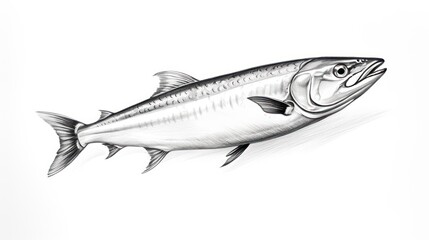 A mackerel drawing sketch charcoal abstract expressionism solid lines white isolated background.