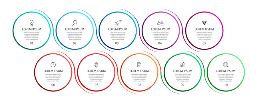 Business Infographic Design Template. minimal Timeline design with 10 steps, options and marketing icons. used as a system flow diagram, your business presentation