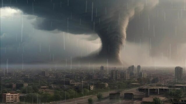 The staggering tornado scene, devastating the city, is visible from a distance. Seamless looping time lapse virtual animated background