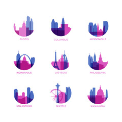 Naklejka premium USA cities logo and icon set. Vector graphic collection for US Austin, Columbus, Jacksonville, Indianapolis, Las Vegas, Philadelphia, San Antonio, Seattle, Washington