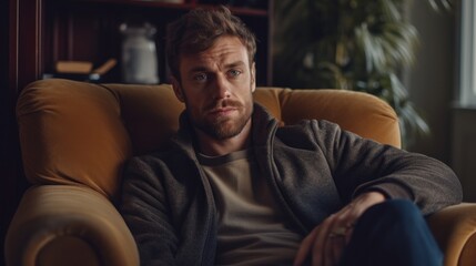 Fototapeta premium Man lounging in a Scandi-style living space.