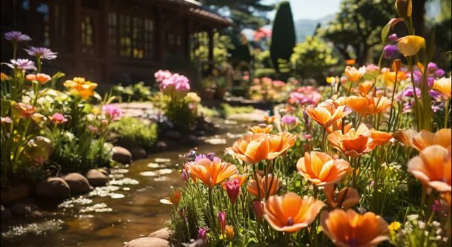 beautiful flower garden by the river footage