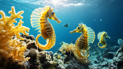 Fototapeta na wymiar Yellow seahorses swimming close to the coral Hippocamp